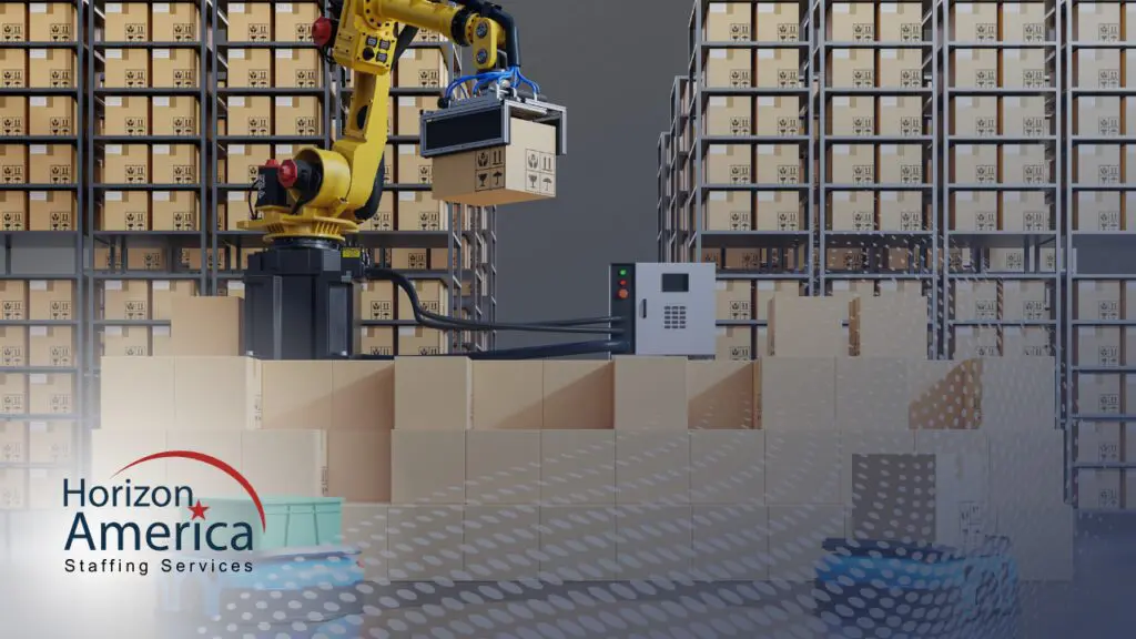 Automated warehouse machine picks up boxes