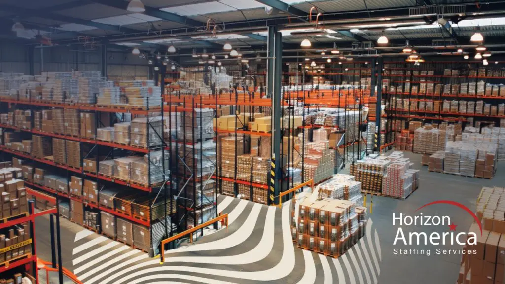 A well-lit distribution facility that utilizes hybrid staffing models.